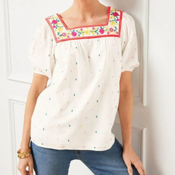 Embroidered Square Neck Top with Funfetti Detail - Talbots - Size XS - Picture 1 of 6